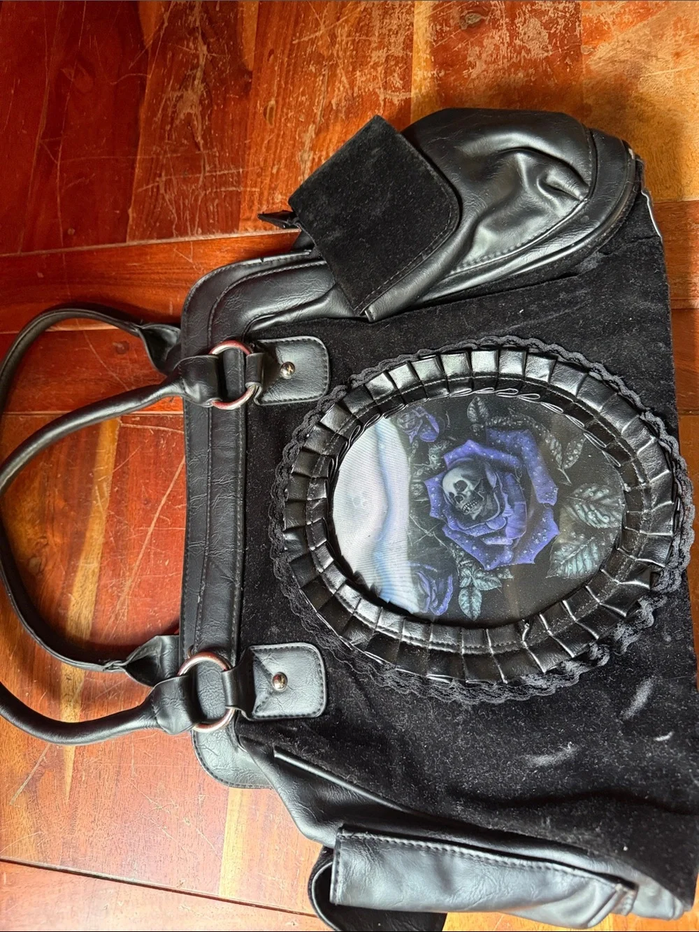 Black Velvet Tote Bag with Purple Rose Skull Motif